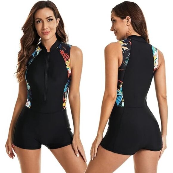 Lafykoly Medium One-Piece Swimsuit With Swim Cap Zippered Monokini Floral Print - Picture 1 of 9